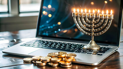 Modern Flat Glossy Laptop Featuring Holographic Dreidel and Gelt on Isolated White Background � Ideal for Holiday Ecommerce Campaigns & Festive Designs