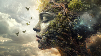 A blend of human and natural imagery, possibly symbolizing the connection between spirituality and nature