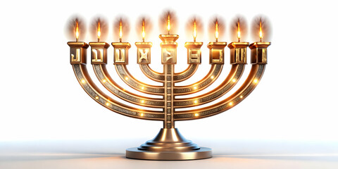 Fototapeta premium 3D Glowing Menorah with Abstract Hebrew Letters: Vibrant Digital Background for Hanukkah Celebrations - Spiritual and Festive Design