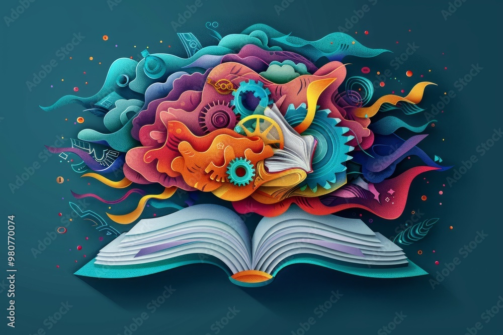 Poster creative expression illustrated by a vibrant book and colorful abstract elements representing imagin