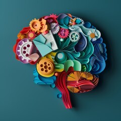 Colorful paper art representation of a brain with gears and tools illustrating creativity and innovation