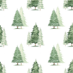 Watercolor seamless pattern with green fir trees or spruces. Botanical fir trees. Noel firs print, winter frozen pine trees on blue background, wallpaper, wrapping paper design
