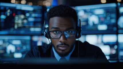 Fototapeta premium A young journalist reads breaking news across multiple screens with a focused expression