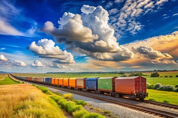 Fototapeta premium A freight train carrying multicolored gypsum cargo cars speeds through a scenic rural landscape under a bright blue