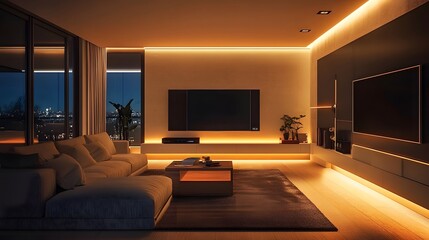 A sleek living room with smart-controlled lighting and entertainment systems, in Scandinavian design
