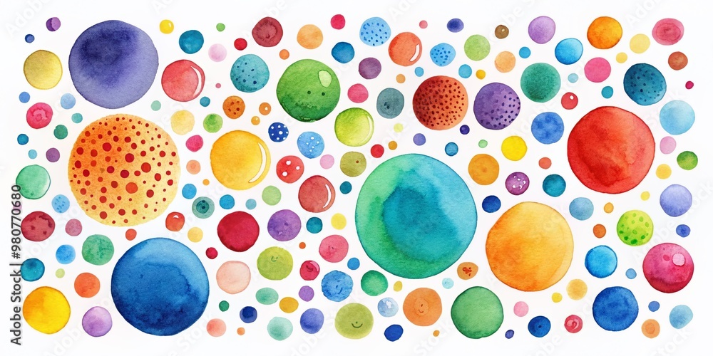 Poster vibrant colorful watercolor dots in various sizes and shapes scattered randomly on a white backgroun