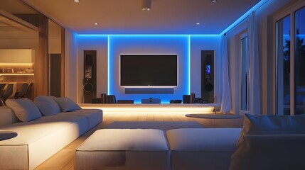 A sleek living room with smart-controlled lighting and entertainment systems, in Scandinavian design