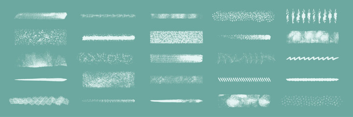 A collection of white paint brush strokes on a green background. These strokes are artistic and can be used for a variety of design projects.
