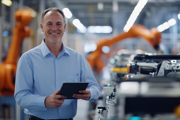 Confident engineer using tablet in modern industrial setting with robotic arms, highlighting technology and innovation in manufacturing.