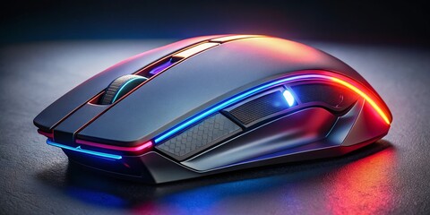 A futuristic, high-tech wireless computer gaming mouse with ergonomic design and customizable LED lights on a dark