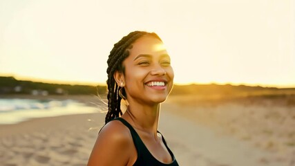 Young Black woman jogging on a peaceful beach, smiling as the sun rises over the ocean
