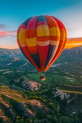 Fototapeta premium Colorful hot air balloon flying over a picturesque valley at sunset, showcasing breathtaking landscapes and vibrant skies