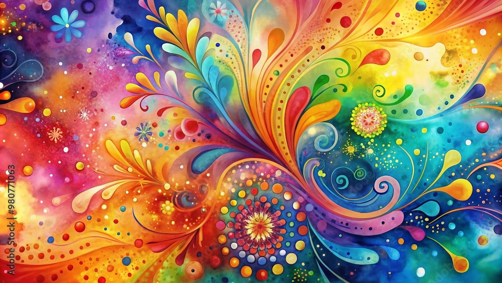 Aufkleber vibrant multicolor watercolor splash and dot background with abstract shapes and swirling patterns, 