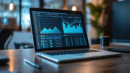 A close up of modern laptop displaying performance optimization data and analytics, showcasing graphs and charts in professional workspace.