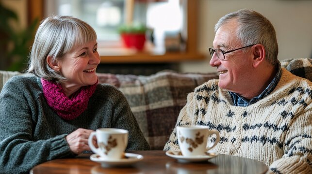 A joyful moment shared between an elderly couple enjoying tea together in a cozy, warm environment, showcasing companionship and happiness.