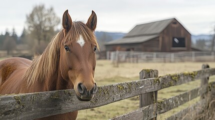 Naklejka premium Majestic Horse at Wooden Fence with Rustic Barn Background
