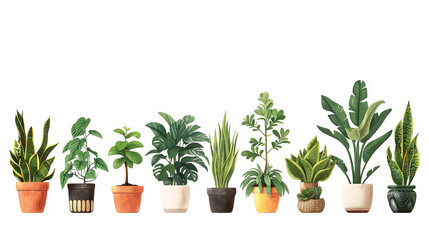 A colorful illustration showcasing a variety of houseplants, each potted and presented in a row against a white background. The plants feature various shapes and textures, representing the diverse bea