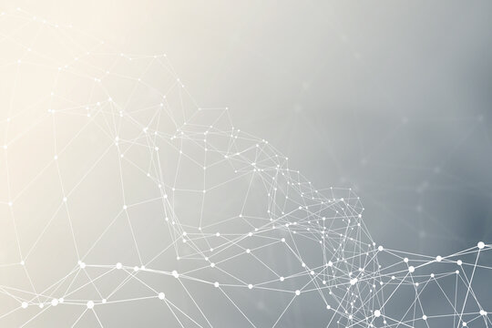 
llustration of a futuristic mesh network with interconnected white dots and lines forming polygons on a hazy background