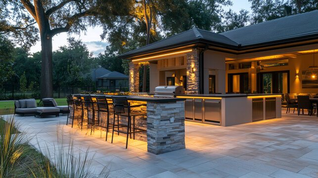 An upscale outdoor kitchen with a bar island, elegant lighting, and comfortable lounge seating, designed for hosting dinner parties