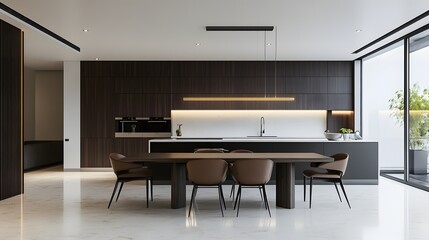 A modern dining area featuring automated smart lighting and minimalist furniture