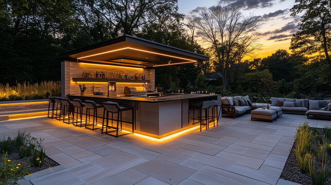 An upscale outdoor kitchen with a bar island, elegant lighting, and comfortable lounge seating, designed for hosting dinner parties