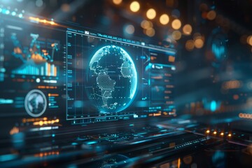 A futuristic digital globe with holographic interfaces displays global data insights in a high-tech environment