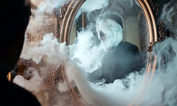 man sees spooky ghost reflection in the mirror