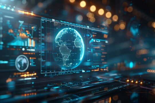 A futuristic digital globe with holographic interfaces displays global data insights in a high-tech environment