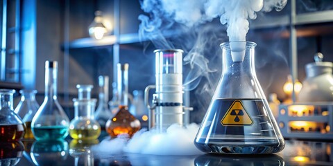 A glass vial containing a colorless liquid, surrounded by hazardous material signs, laboratory equipment, and a fume