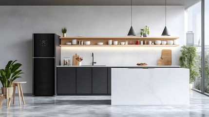 A minimalist kitchen with a smart fridge and touchless technology, in a Scandinavian style