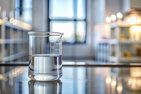 A glass beaker filled with clear liquid propane, also known as c3h8o, sitting on a white laboratory table