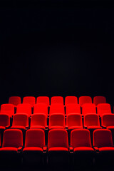 Obraz premium A row of red chairs are empty in a dark room