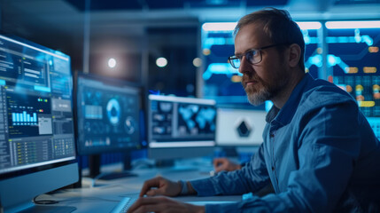 Focused IT technician working at desk with multiple monitors displaying data and analytics, immersed in technology and problem solving.