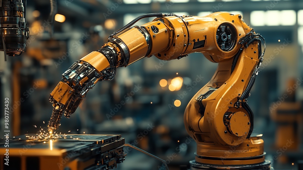Poster robotic arm assembling components on production line illustrating automation in manufacturing