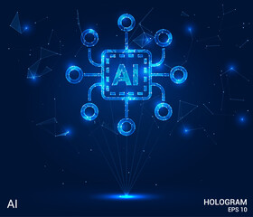 Hologram AI. AI made of polygons, triangles, dots, and lines. Low-poly AI structure of connections. Technology concept vector.