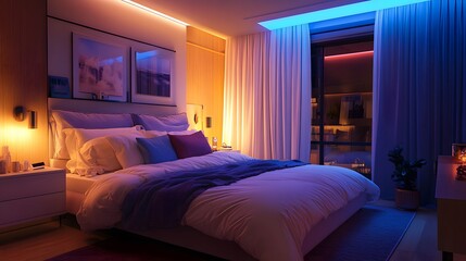 A cozy bedroom with a smart-controlled heating system and ambient lighting
