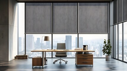 A sleek office space with smart blinds and Scandinavian furniture