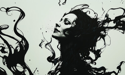 Fototapeta premium A surreal image of a woman’s face emerging from black ink, blending abstract fluid motion and artistic expression, perfect for conceptual wallpapers or microstock art sales.