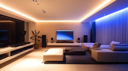 A modern living room with smart-controlled lights and a minimal entertainment system