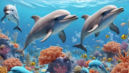 Fototapeta premium Small fish and sea creatures like starfish, crabs, and seahorses could be scattered throughout the scene, interacting with the dolphins or swimming by.