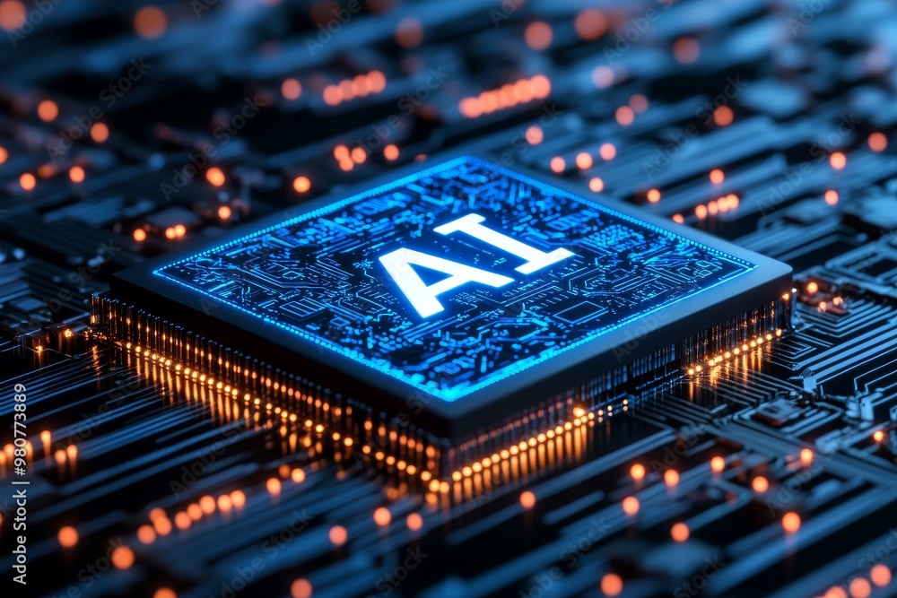 Aufkleber close up of a glowing blue microchip embedded in a circuit board symbolizing the power of artificial