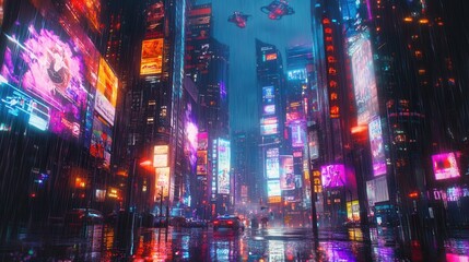Fototapeta premium Vibrant Neon Cityscape with Futuristic Advertisements