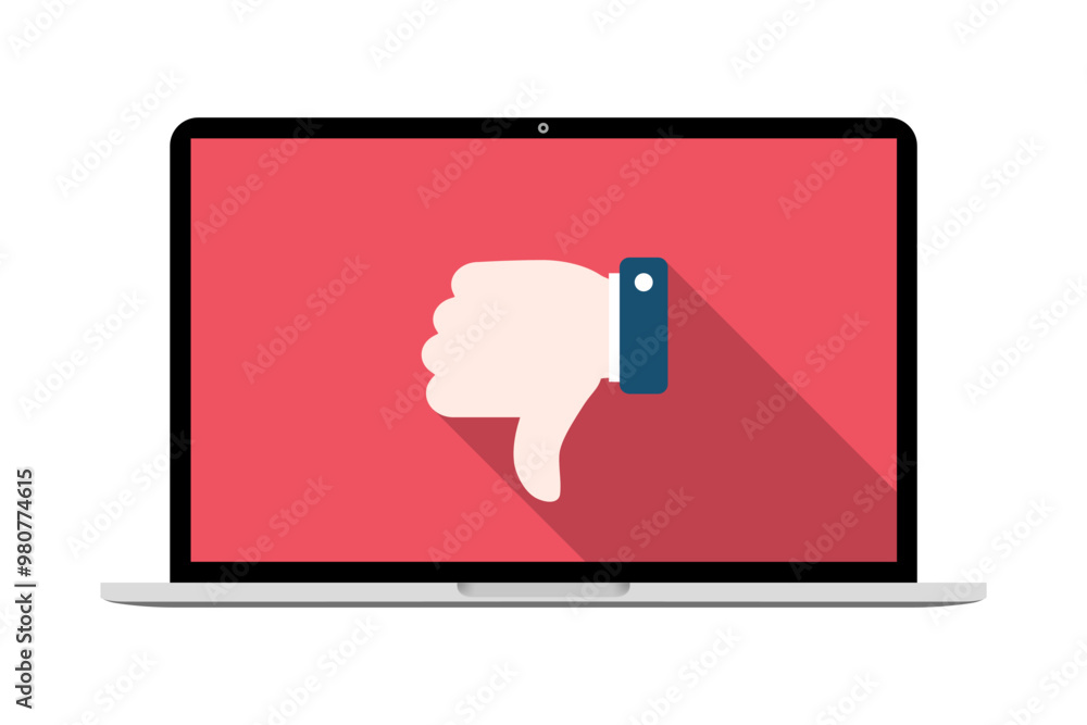 Poster laptop computer with hand thumb down icon in flat design. notebook with dislike concept