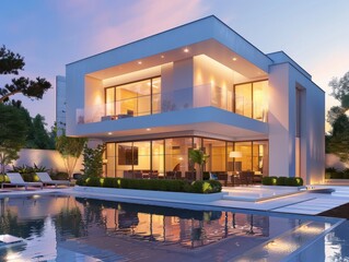 Fototapeta premium Luxury house with lighting and Swimming pool