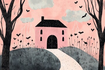 Whimsical cottage in enchanted forest landscape with butterflies and trees