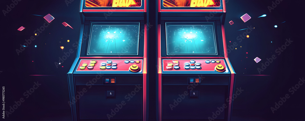 Poster retro arcade game cabinet with colorful buttons and joysticks vector flat minimalistic isolated illu