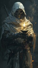 A cloaked figure with a skull mask holds a candle in a dark, mysterious setting, evoking themes of death and the unknown