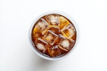 Takeaway plastic cup with iced cold coffee drink isolated on white background, Top view , ai