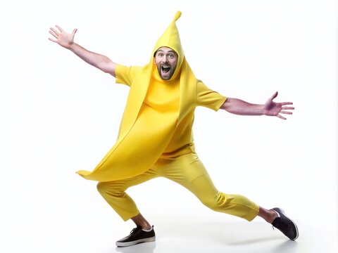 A humorous Halloween costume featuring a giant banana peel worn as a full-body yellow onesie with a surprised