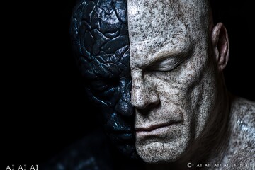 Close up of a mans face divided between organic skin and dark cybernetic textures symbolizing the duality of human nature and machine evolution through AI driven augmentation